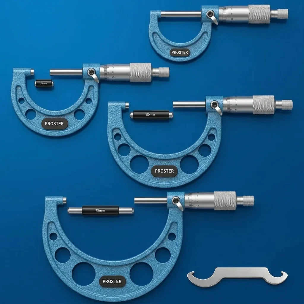 PROSTER micrometer set displayed in a professional blue studio setting